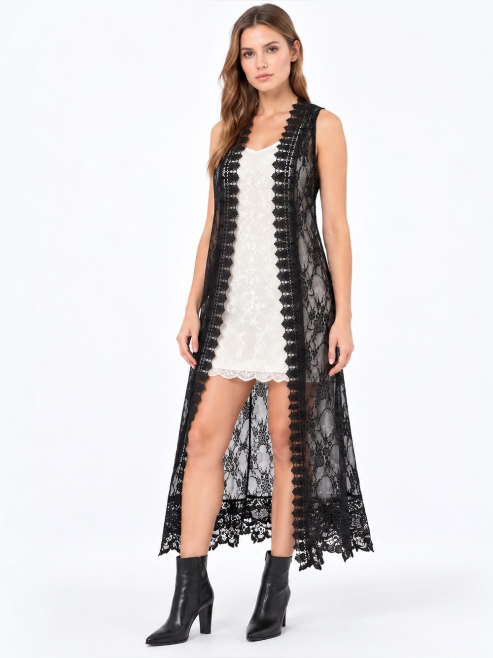 M Fasis L Black Lace Duster Vest Sheer Boho Goth Whimsigoth Y2K, L